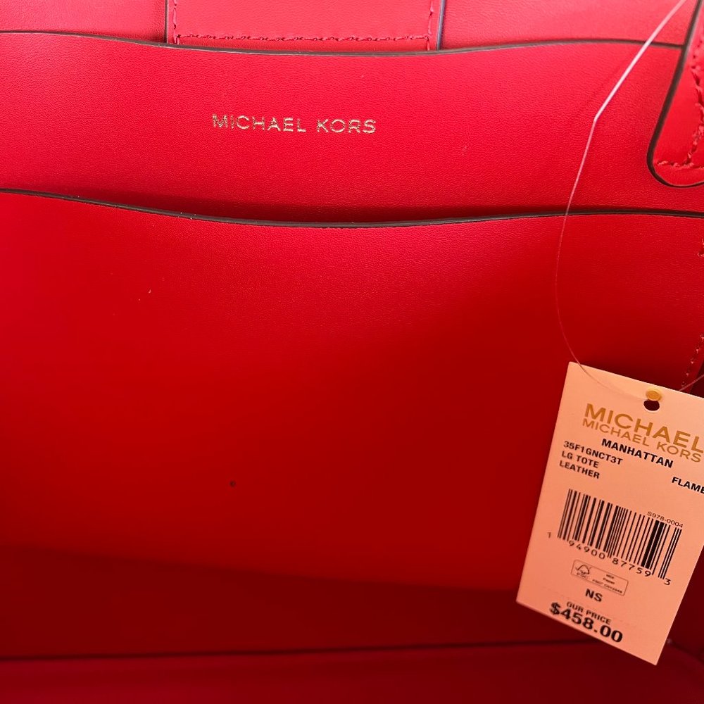 Michael Kors Manhattan Large Shoulder Smooth Leather Tote Bag Red - Picture 6 of 8
